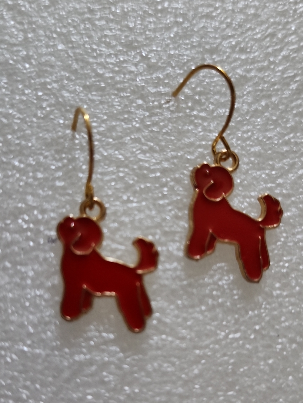 Hand Crafted Red Dog Enamel Dangle Earrings with Gold Trim
